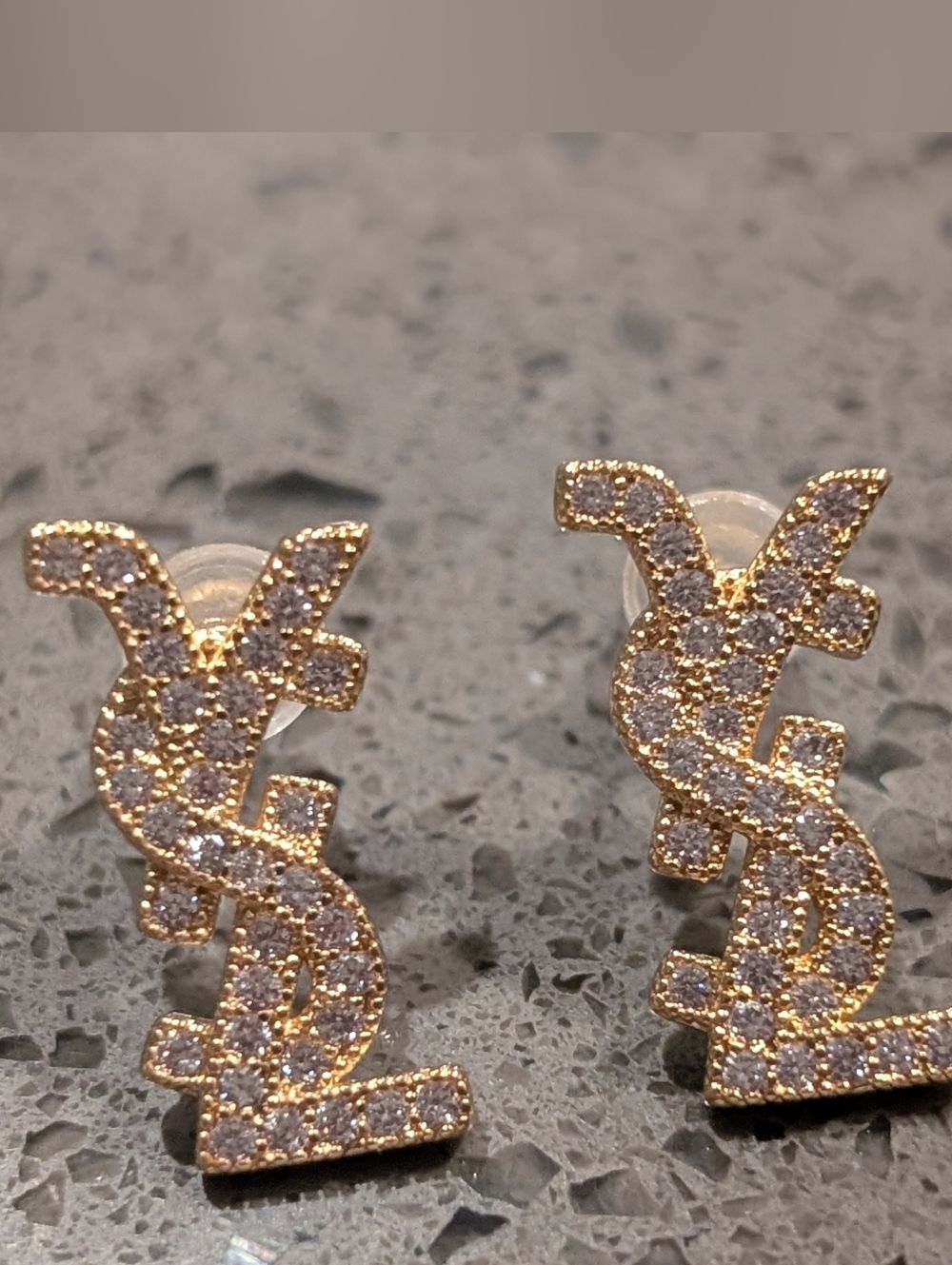 Yves Saint Laurent Crystal-Embellished Gold YSL Logo Stud Earrings - Picture 7 of 12